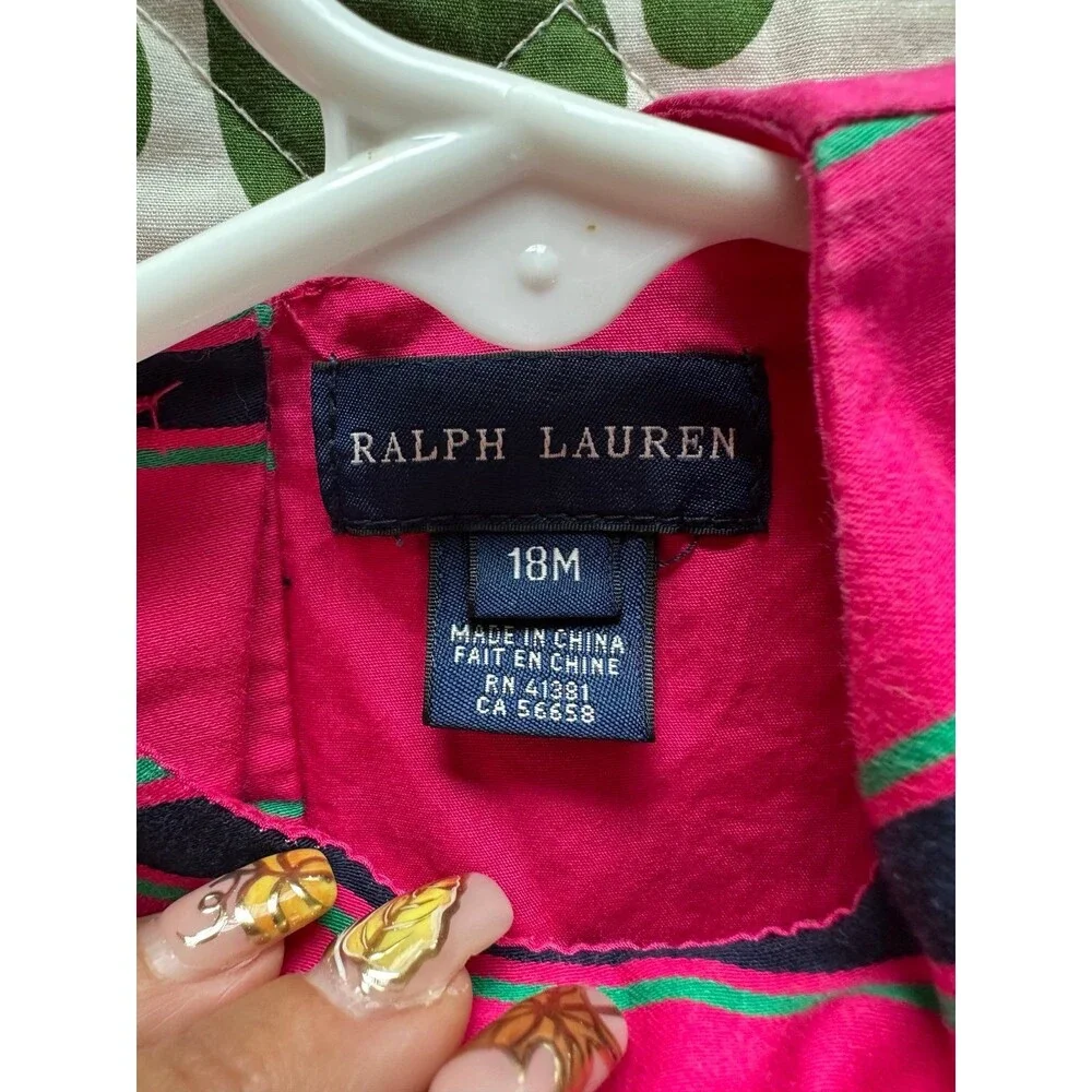 Ralph Lauren Baby Gril 100% Cotton Bright Pink Stripe Dress 18M No Diaper Cover